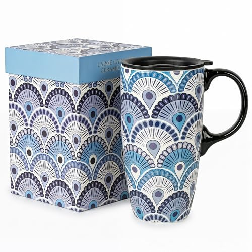 DUSVALLY 17oz Ceramic Travel Mug with Lid, Blue Geometric Art Deco Coffee Cup, Spill-Resistant, Microwave & Dishwasher Safe