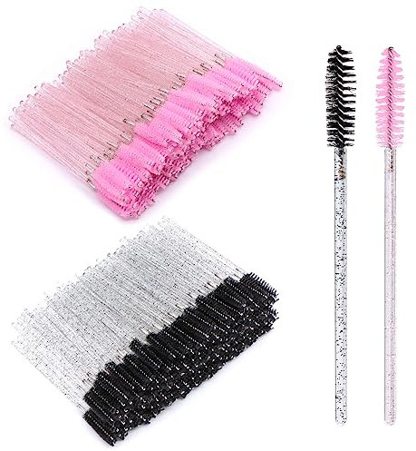 VEGCOO 200 Stück Kristallstab Wimpernbürste, 100 Stück Rosa + 100 Stück Schwarze Augenbrauen Bürste Massive Kristallstab-Mascara-Bürste zum Kämmen Der Augenbrauen