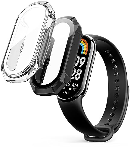 TiMOVO 2 Piezas Fundas Compatibles con Mi Band 8, Protector de Pantalla de Cristal Templado Estuche Rígido de PC, Cubierta Protectora Antiarañazos Protección Completa para Reloj Mi Band 8, Negro/Claro