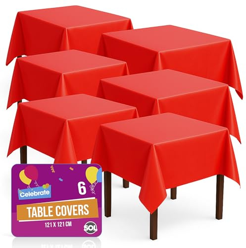 SOL 6pk Red Table Cloth - Disposable & Waterproof Plastic Table Cloth Wipe Clean - Plastic Tablecloth Cover For Parties - 6pk x 121cm