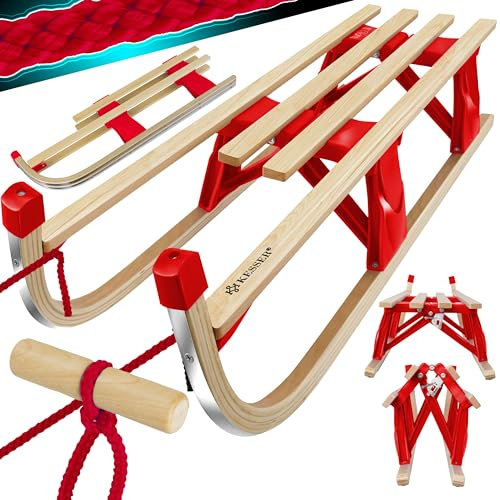 KESSER® Holzschlitten 110 cm Davoser Rodel Faltbar & Klappbar, Kinderschlitten; Premium Holz-Schlitten aus Buchenholz, Klappschlitten, Metall Kufen, Optional mit Lehne, Geschenk, Buche/Rot