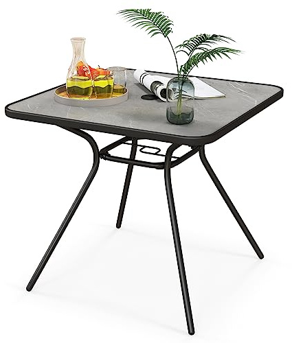GIANTEX Gartentisch, Tisch mit Mittelloch für Sonnenschirm, quadratischer Outdoortisch, Metallgestell, Tragfähigkeit 100 kg, Tischplatte in Marmoroptik, Schwarz