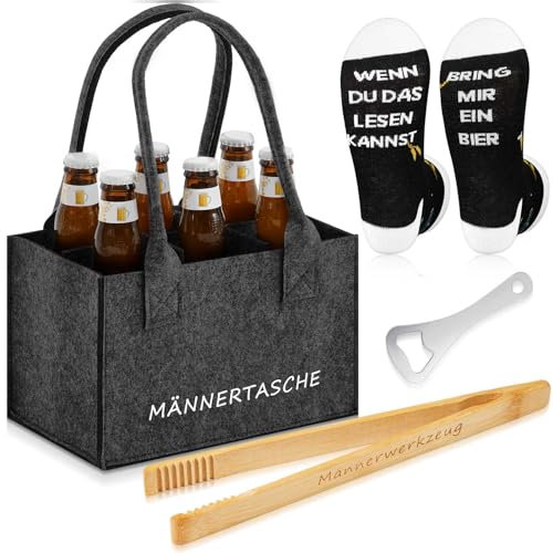 SATINIOR 4 Pezzi Set Regalo Birra per Uomo Incluso Borsa Porta Bottiglia in Feltro con 6 Scomparti Pinze per Grigliare Apri Bottiglia Divertenti Calzini da Birra Regali per Compleanno di Papà