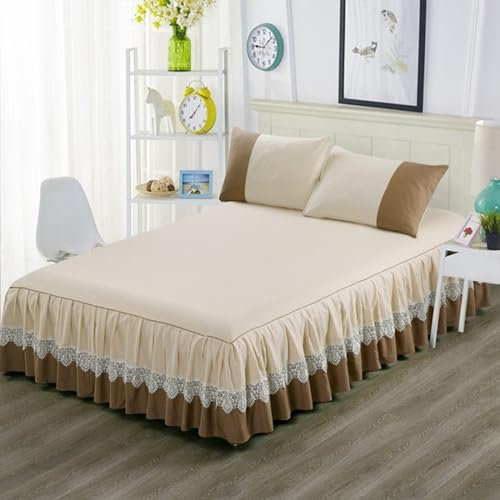 XCLOOZGL Bettlaken Super Weich Baumwolle Farbe Patchwork Bettrock Aus Spitze Für Queensize-/Doppelbetten Wrap Around Bettschürze Rutschfestes Laken Mit Bettumrandung,Beige,150×200cm