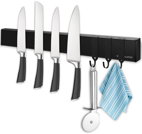 Magnetleiste Messer, 43cm Schwarz Messerhalter magnetisch mit 3 Haken, Magnet Messerhalter ohne Bohren mit extra Starkem Magnet