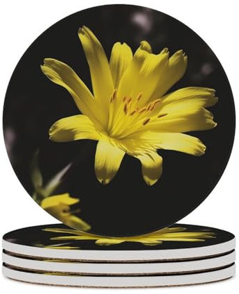 Untersetzer mit Blume mit gelben Untersetzern, saugfähig, Keramik-Stein, Getränkeuntersetzer mit Halter, Keramik-Untersetzer mit Korkboden, 10,2 cm, Tischschutzmatte für Heimdekoration, Küche, Bar