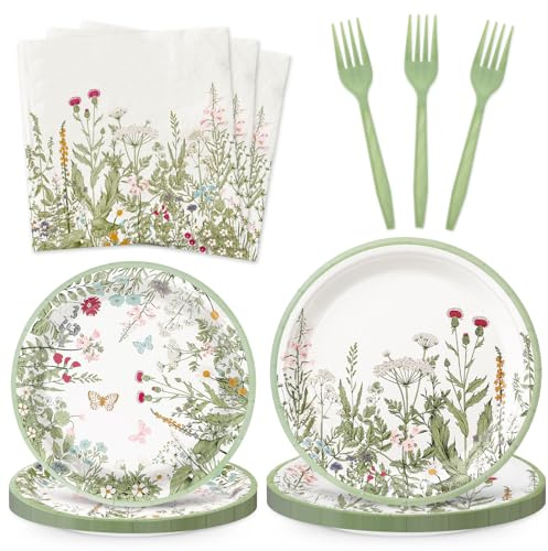 JarThenaAMCS 100Pcs Spring Wildflower Party Supplies Kit Green Wild Floral Tableware Set Vintage Flower Disposable Dinnerware Forks Paper Napkins Plates for 25 Guests Birthday Wedding Favors