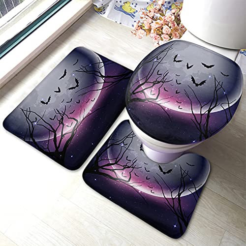 Set 3 Teilig Badvorleger Halloween Nachthimmel Baum Mond Lila Grau Schwarz Anti-Rutsch U-Förmigen Contour Matte Shaggy Wc-Deckelbezug Dekorative 3 Tlg Plüsch Anti-Rutsch Badteppich Set