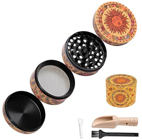 Bofanze 4 en 1 Molinillo AleacióN Metal Hierbas Molinillo Vintage Hierbas Molinillo Polen Grinder Molinillo de polen y hierbas con Rascador de Polen, Cuchara y Cepillo para Picar Especias, Polen 50mm