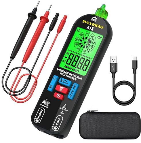 MAXRIENY Multimetro digitale ricaricabile Tester elettrico NCV con allarmi acustici e visivi Misure di auto-Ranging Tensione AC/DC Capacità Resistenza Continuità Capacità Diodo Live Check Tester