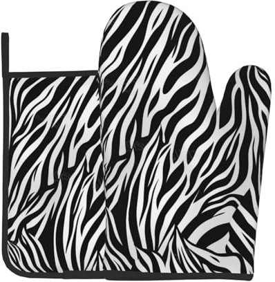 Zebra Print Printed Oven Gloves & Pot Holders Set of 2, Non-slip BBQ Gloves and Potholders for Kitchen Cooking Baking Grilling