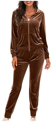 Conjuntos de trajes de velur de 2 piezas para mujer, ropa de descanso, sudadera con capucha y cremallera y pantalones deportivos, chándales, conjuntos de suéter y pantalones, marrón, L