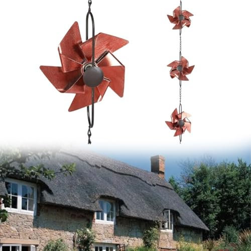 Cadena de lluvia de molino de viento de metal, cadena de lluvia decorativa para canalón de bajada, desviador de agua al aire libre, adecuado para jardín, patio, acera