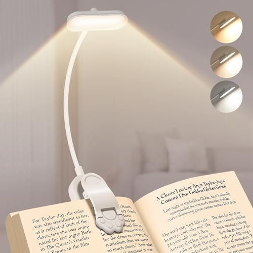 Bonsery Lampe de lecture à pince 360° flexible, Lampe de livre USB C rechargeable 16 LED à l'intensité continue et 3 Température couleurs, Lampe de lecture avec tête rotative 90°, Blanc