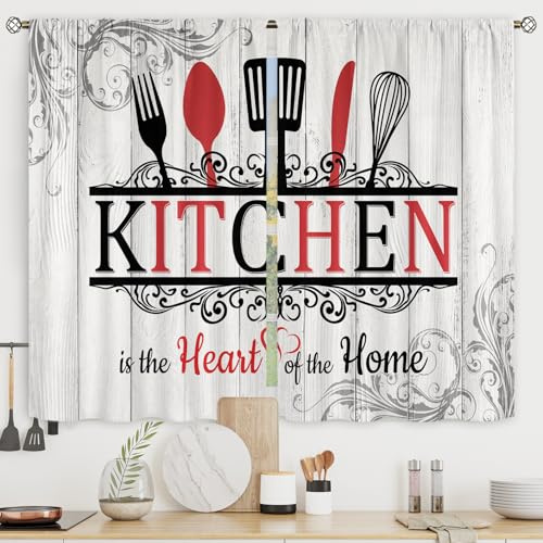 Riyidecor Rustic Country Farmhouse Kitchen Curtains Short Small Wooden Board Fork Spoon Rod Pocket Red Black White Funny Quotes Bedroom Living Room Treatment Fabric 2 Panels 27.5Wx39H Inch