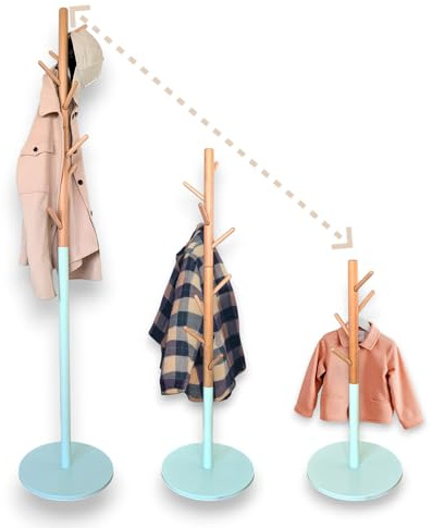 Lamavia Garderobenständer, Kleiderständer, höhenverstellbar für Kinder und Erwachsene, aus Massivholz und Metall 8 Haken - Garderobe - Kleiderstange - Organizer - Handtuchhalter (Mint)