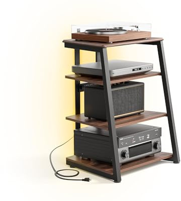 FITUEYES DESIGN HIFI Stand with LED Ambient Lighting and Power Outlets 4-Tier Wooden Shelves Record Player Stand Load Capacity 50KG 61 x 52 x 78 cm Eiffel Series