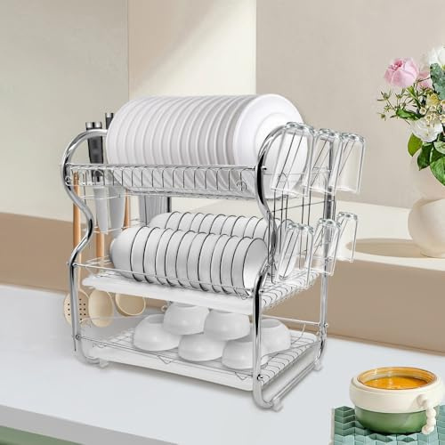 Scolapiatti da Appoggio, Scolapiatti da Lavello, Estensibile Sopra il Lavello,Scola Piatti Lavandino con Porta Utensili,Regolabile da Cucina per Verdura Frutta Piatti,42*25*43,5 cm (A-argento)