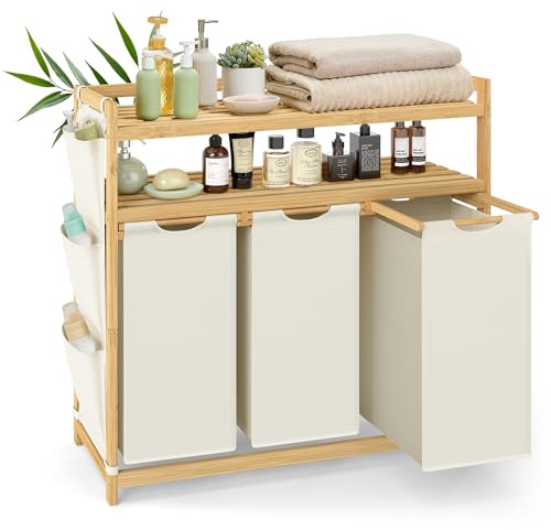 SONGMICS Panier à Linge, avec 3 Compartiments, Corbeille à Linge Sale, en Bambou, Capacité de 150 Litres, avec Étagère, Poches Latérales, 3 x 50 L, 94 x 33 x 98 cm, Blanc Crème RLH215W01