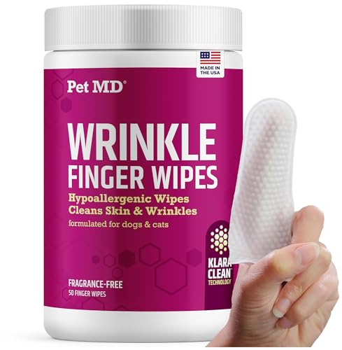 Pet MD Wrinkle Finger Wipes for Dogs & Cats - Dog Tear Stain Remover and Debris Cleaner for Skin Folds - Fragrance-Free & Hypoallergenic Grooming Wrinkle Wipes French Bulldog, Pug, and More - 50ct