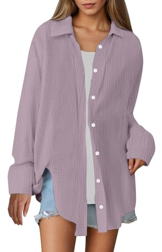 Blouses for Women, Musselin Bluse Damen Oversized Weiss Sommer Hemdbluse Baumwolle Oversize Longbluse Langarm Modern Oberteile Long Shirt Elegant Hemd Bluse Locker Langarmshirt Tuniken Lila