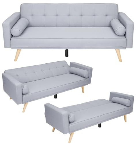 CROWNSHOP 3 Seater Sofas Modern Sofa Beds with Wooden Legs Adjustable Angle Sofas & Couches With 2 Armrests for Living Room/Spare Room/Guest Room Light Gray