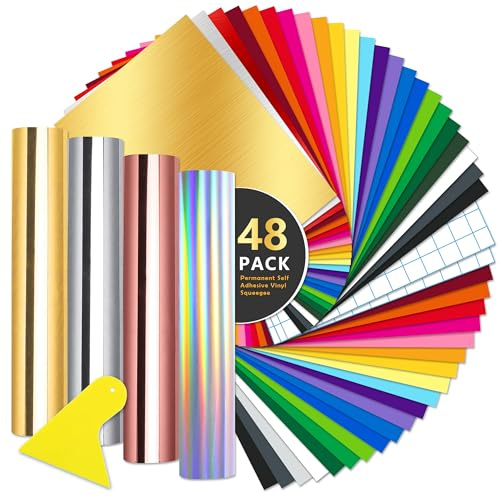48 Pack Permanent Self Adhesive Vinyl Sheets 7.8 x 12 Inchs - Transfer Tape , Plotter Tools Squeegees、Brushed Metal Colour for Vinyl Cutter Machine, Party Decoration, Arts and Crafts, Car Exterior