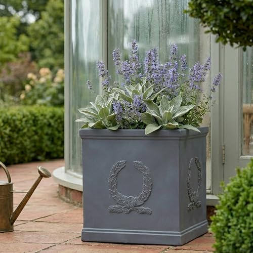 IDEALIST Plant Pots 37cm Square Planter Grey Reinforced Stone Plant Pot 39L | 1 Pack, L37 W37 H37 cm, Medium Size, Faux Lead, Frostproof, Drainage Holes, Lightweight