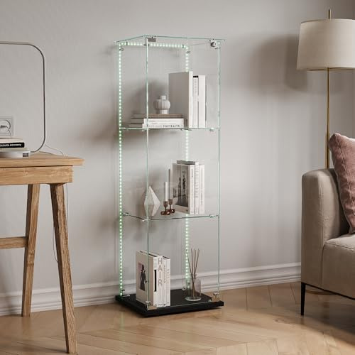 BPKADHY glasvitrinskåp stående med LED-belysning, glasvitrinskåp stående med 3 glasgolv och 1 glasdörrar låsbara, vitrinskåp för vardagsrum kontor samlarobjekt böcker vin svart