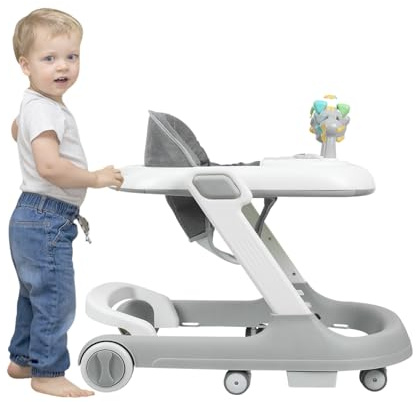 Lauflernhilfe für Babys 2-in-1 mit abnehmbarer, musikalischer Aktivitätsplatte, leicht faltbarer Baby-Lauflernhilfe, von 6 bis 18 Monaten, bis zu 12 kg (2 in 1, 53x68x50 cm, Grau)