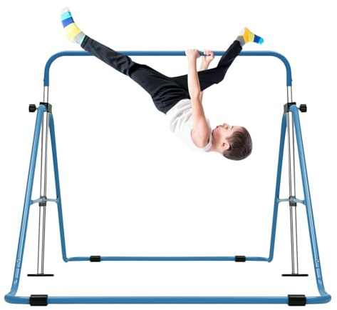 Bdneygtyr Gymnastikstange Kinder 89-131cm, Reckstange Indoor 150kg Tragkraft, Klappbar, 5 Höhen, Turnstange für Garten & Indoor, Blau