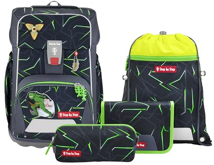 Step by Step Giant Schulranzen-Set „Ninja Kimo“, 5-teilig, blau-grau-grün, ergonomischer Tornister mit Reflektoren, höhenverstellbar mit Hüft- und Brustgurt, für Jungen ab der 1. Klasse, 23 Liter