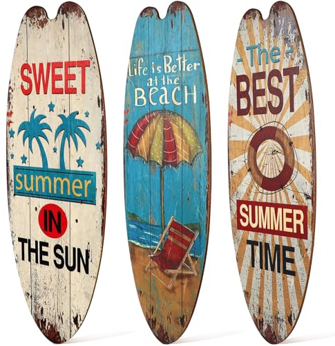 Veemoon Surfbrett Deko aus Holz 3 Stück Hängende Wanddeko mit Strandmotiven Kreative Wohnzimmer und Restaurantdeko Rustikale Surfbrett Hängedekoration für Zuhause