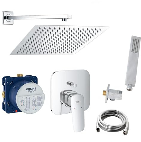 vanvilla Duschsystem Unterputz mit Duscharmatur Grohe poliert G61 | Duscharmatur von Grohe Cubeo Einhebelmischer und vanvilla Regendusche Duschkopf eckig, Dusch-SET poliert