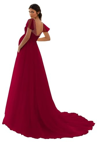HAIBFJIN Vestido de maternidad de tul, cuello en V, vestido de novia para embarazadas, vestidos de maternidad para baby shower, sesión de fotos, burdeos, 50