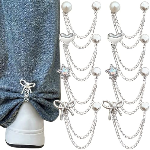 8Pcs Multi Function Clothing Clips for Hemming Metal Star Pearl Heart Bow Shirts Clothes Pant Hem Clips Pin Cute Decorative Long Jeans Pants Legs Sleeves Buttons Chain Clips for Clothing Accessories