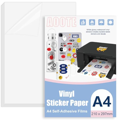AOOTE 12 Blatt A4 Aufkleber Papier zum Drucken, Transparent a4 Selbstklebende Folie, Aufkleberfolie Druckerpapier Wasserfest, Wasserfest Bedruckbar Vinylfolie für Laserdrucker geeignet