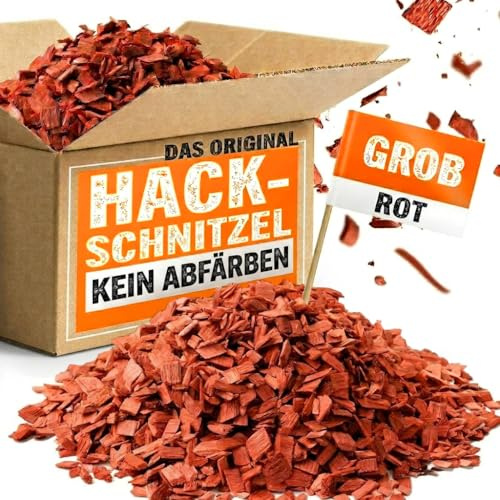 Hackschnitzel rot 100L (2x50L) | Kein Abfärben | Extra Lange Haltbarkeit durch Technische Trocknung | 10-40mm Dekormulch Ziegelrot | Premium Holzmulch