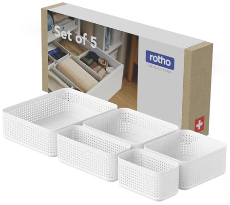 Rotho WOP Organizer Cassetti 5 Pezzi XS-XL, Organizer per Cassetti e Contenitori per Cassetti Impilabili in Plastica Riciclata, per Armadio, Comò, Fasciatoio, Biancheria e Accessori, Bianco