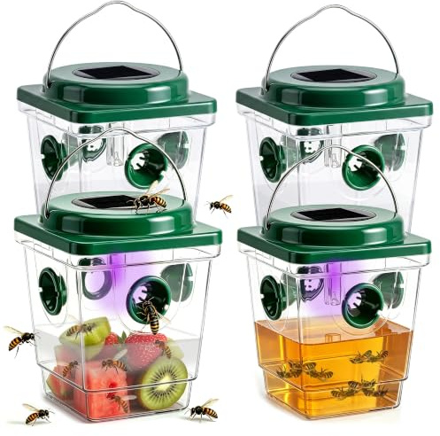 4 Trampa Avispas Exterior Atrapa Wasp Trap Asiatica Velutina Traps Outdoor Hanging Trampas Abejas con Luz Solar LED Reutilizable Trampa para Avispa Viva para Jardín, Huerta, Terraza y Balcón (Verde)