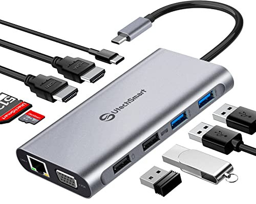 Docking Station USB C, Dockingstation 3 Monitore, 11-1 Typ C Hub mit Ethernet, 2 HDMI, VGA, PD3.0, SD TF Card Slot, 4 USB Ports USB-C Adapter Kompatibel für MacBook & Windows