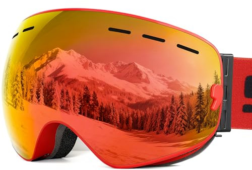 SPOSUNE,Maschera da sci con doppia lente sferica anti-appannamento, 100% protezione UV400, per uomo, donna, ragazzi, compatibile con casco, antiriflesso, antivento, Red frame + Red Lens VLT 16-18%