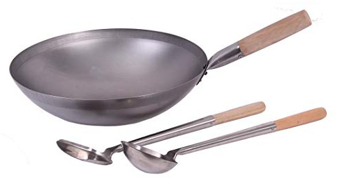 AAF Nommel ®, Wok Set, Pfanne 40 cm Ø runder Boden Carbon Stahl für Gasherd und Induktion Mulde + Wok Spahtel + Wok Kelle
