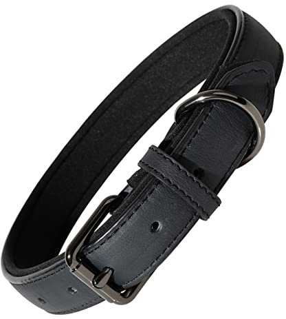 OFHome Leather Dog Collar Heavy Duty Soft Padded Adjustable Black L | Sturdy metal D-ring & buckle, non-tarnish, comfortable no irritation, robust wear-resistant, fits S-L for daily walks