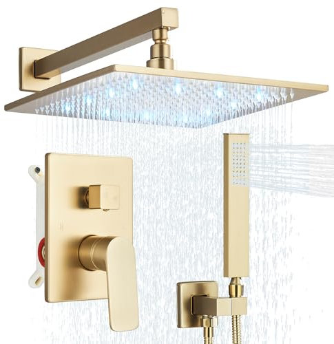 Brushed Gold Rain Shower System with 12 Inch LED Shower Head and Brass Handheld with Brass Valve and Trim Kit Shower Faucets Sets Complete