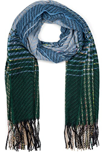 styleBREAKER Damen Feinstrick Schal mit bunt gestreiftem Zick-Zack Muster und Fransen, warme Winter Stola mehrfarbig 01017149, Farbe:Hellblau-Dunkelgrün