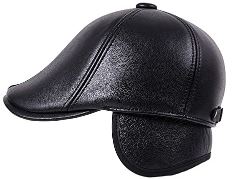 WHSPORT Schiebermütze Herren Schirmmütze Leder Winter Fahrmütze Schiebermützen Gatsby Ballonmütze mit Ohrenschützer (Color : Black, Size : 55-56)