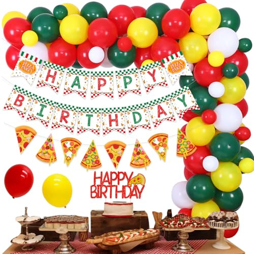 Pizza Geburtstag Party Dekorationen für Jungen oder Mädchen, Pizza Themed Ballon Girlande Kit Happy Birthday Banner Girlande und Cake Topper zum Feiern von Geburtstagsbedarf
