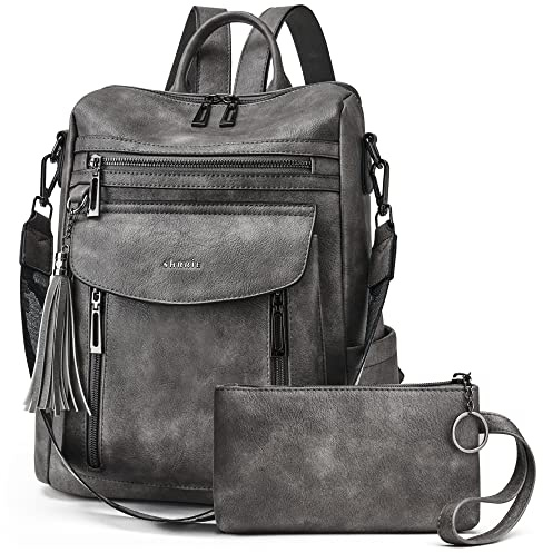 Shrrie Rucksack für Damen, modischer Leder-Rucksack, Geldbörse, Designer-Reiserucksack, Schultertasche, 1-4, zweifarbig, dunkelgrau, Reiserucksäcke