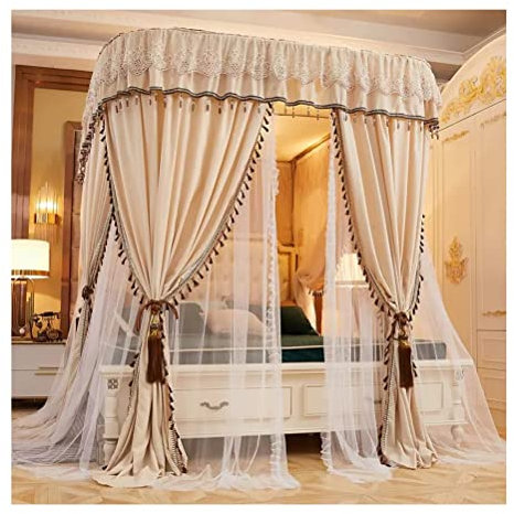 Betthimmel 2-in-1-Moskitonetz for europäische Luxusbetten, dekorativer Bettvorhang for romantische Schlafzimmer, U-förmige Führungsschienen-Metallhalterung (Color : Beige, Size : 180X200X210CM)